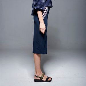 ODM Navy Ladies Cotton Elastic Waist Stripes Pencil <b>Skirts</b> for Women - Product Image 6
