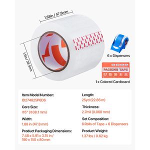 6 Rotoli di Nastro Adesivo Trasparente Resistente da 1,88 Pollici x 25 Iarde, Spessore 2,7 Mil, con Anima da 1,5 Pollici per Dispenser - Product Image 5