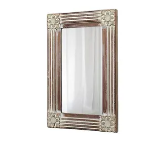 욕실 화장대 교수형 소박한 나무 프레임 벽 거울 고민 마감 꽃 세부 사항 Boho 직사각형 거울