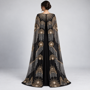 Midnight Black Modern Satin <b>Cape</b> Gown for <b>Women</b> Antique Gold Embroidery Crystal Fringe Detailing Elegant Floor Length Silhouette - Product Image 2