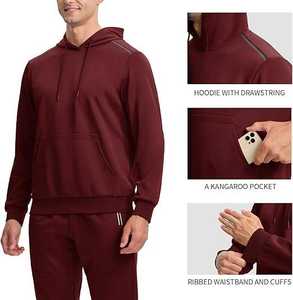 Conjunto Deportivo de 2 Piezas para Hombre, Color Granate, Estilo Casual, Sudadera con Capucha y Pantalones Deportivos, 100% Algodón, Venta al Por Mayor - Product Image 1