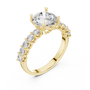 Bague de fiançailles solitaire en or jaune avec diamant de laboratoire rond et bande pavée, bague de mariage pour femme - Product Image 3