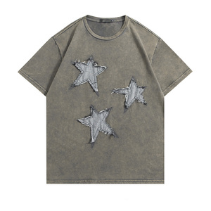 Oversized Men's Star Applique T-<b>Shirt</b> Short Sleeve Cotton Street Style O-Neck Geometric Pattern Vintage Tee - Product Image 2