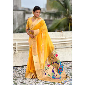 Sari en organza de soie jaune tissé Elite Weaves avec Paithani Zari, tenue ethnique traditionnelle indienne et pakistanaise pour les fêtes, idéal pour l'hiver/été - Product Image 3
