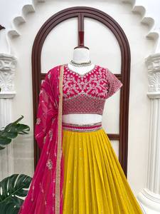 <b>Pink</b> Gold Sequin Georgette Lehenga Choli Semi Stitched <b>Wedding</b> Outfit Net Dupatta Traditional Women <b>Dress</b> - Product Image 3