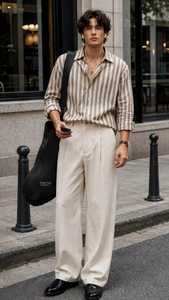 Camisa de Manga Larga a Rayas Beige para Hombre, Estilo Casual, Corte Holgado, Oversize, 220g, Popelina, Cuello con Botones - Product Image 2