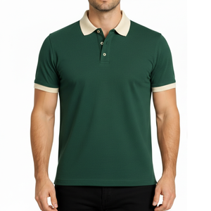 Chemise Homme Vert Foncé de Haute Qualité avec Bordure Contrastante Beige, en Coton Jersey Tricoté Uni, Luxe, Décontractée et Respirante - Product Image 1