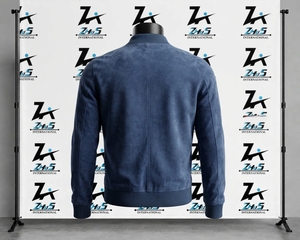 Custom Design Blue <b>Suede</b> Bomber <b>Jacket</b> Full Zip Casual Outerwear Ribbed Cuff Winter Spring Fashion Luxury <b>Suede</b> Leather <b>Jacket</b> - Product Image 2