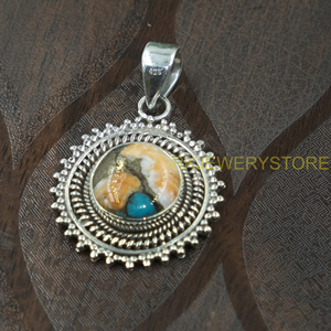 925 Sterling Silver Orange Copper Turquoise Pendant Round Vintage Boho Handmade Statement Jewelry Gift for Women <b>Girlfriend</b> her - Product Image 4