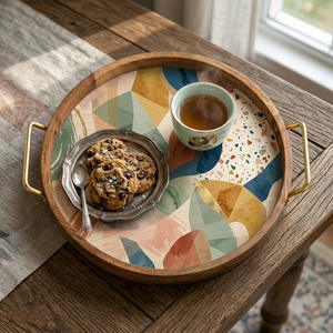 Bandeja Redonda Moderna de Madera de Mango con Asas Doradas, Plato Decorativo con Estampado Abstracto para Servir Té y Café, Regalo para el Hogar o Bodas - Product Image 2