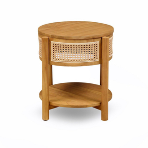 Table de chevet ronde Dhifa en teck massif, style scandinave, élégante et fonctionnelle, avec tiroirs et étagères en rotin, pour villa - Product Image 1