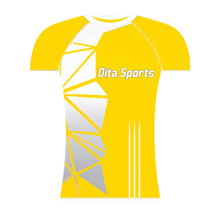 Maillot de compression athlétique personnalisé jaune et blanc à manches courtes, col ras du cou, motif géométrique, pour entraînement de performance et sports nautiques - Product Image 1
