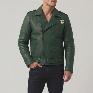 Chaqueta de Motociclista de Cuero Verde para Hombre, Corte Ajustado, Cuello Camisero, Cierre de Cremallera, Manga Larga, Estilo Otoño-Invierno - Product Image 6