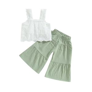 Conjunto de 2 Piezas para Bebés y Niñas Pequeñas, Top sin Mangas con Encaje y Pantalones Anchos Casuales con Elástico, Ropa Transpirable de Color Sólido - Product Image 2