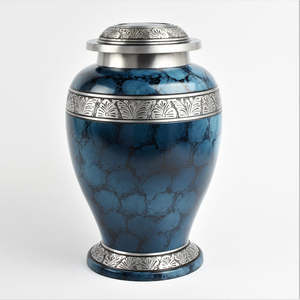 Handcrafted Aluminium Cremation Urn White Grey Marble Finish Memorial Ashes Urn with Etched Gold Bands - Product Image 3