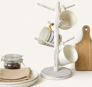 Rustic White Wooden Mug <b>Tree</b> Holder 6 Hook Coffee Cup <b>Stand</b> for Kitchen Countertop Organizer & Farmhouse Style Display Rack - Product Image 2