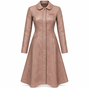 Womens Genuine Leather Long Duster <b>Coat</b> Dusty Rose Pink Tailored Slim Trench Jacket <b>Flared</b> Hem Turn Down Collar Button Outerwear - Product Image 1