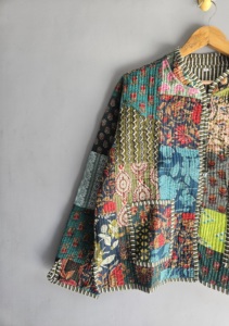 Veste en coton patchwork bohème avec col mandarin, manches longues, fermeture boutonnée, vêtement d'extérieur décontracté pour femme, cadeau pour elle - Product Image 4