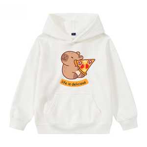 Sudadera con capucha estilo cómodo para mujer con estampado de oso de dibujos animados y pizza, con bolsillo canguro, corte regular, sudadera de otoño, 100% algodón tejido. - Product Image 1
