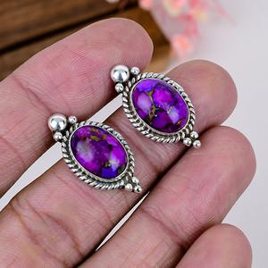 Purple Copper Turquoise 925 <b>Sterling</b> <b>Silver</b> Oval <b>Stud</b> Earrings Statement Boho Jewelry - Product Image 2