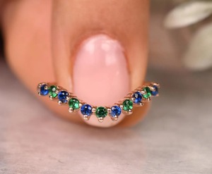Anillo de Eternidad de 2 mm con Esmeralda Verde Natural y Zafiro Azul, Plata de Ley 925 Chapada en Oro, Joyería de Boda con Piedras Preciosas Coloridas - Product Image 1