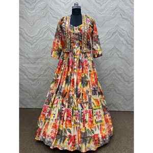 ROBE DE TRAVAIL À BRODERIE IMPRIMÉ NUMÉRIQUE EN CRÊPE FRANÇAISE TENDANCE AVEC KOTI MULTI COULEUR - Product Image 1