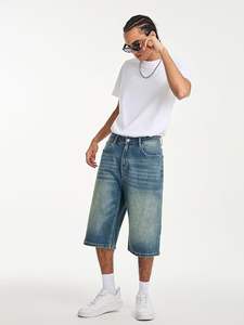 กางเกงยีนส์ขาสั้นทรงหลวมสำหรับผู้ชาย สไตล์สตรีทแวร์ ความยาวคลุมเข่า - Product Image 4