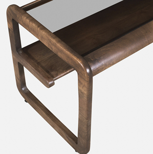 Table basse moderne à deux niveaux pour salon, en bois de manguier massif avec plateau en verre combiné, bords légèrement courbés, finition Tubbag - Product Image 6