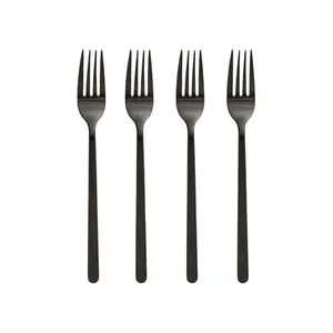 New Eco-friendly Flat Handle Fruit Piker & Salad fork With Black Plated Stainless Steel Fork Spoon Gold Cutlery set