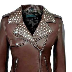 Blouson moto homme en cuir véritable marron, col rabattu, décoration rivets, fermeture éclair, coupe ajustée, pour l'automne - Product Image 4