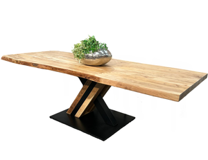 Table de salle à manger en bois d'acacia massif de 55 mm d'épaisseur avec bord naturel, style industriel moderne, base à piétement unique, pour cuisine et restaurant - Product Image 1