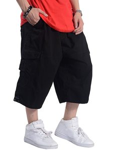 Shorts cargo pour homme, noir uni, taille mi-haute, fermeture élastique, tissu en toile respirant, style décontracté avec poches - Product Image 2