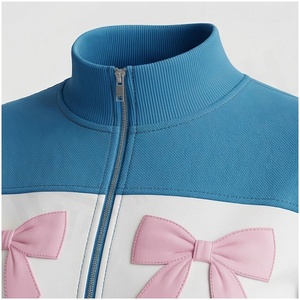 Women Blue <b>Tracksuit</b> Set With <b>Pink</b> Bow Print Full Sleeve Zipper Front Casual Sportswear Spring Wear - Product Image 4
