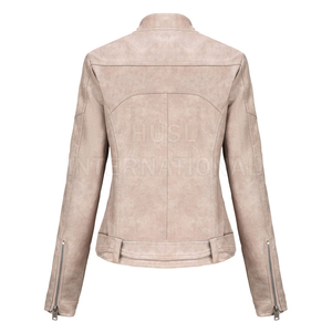 Women's Beige PU Leather Moto <b>Jacket</b> Full Sleeve Stand Collar Zipper Closure Belted Design Autumn Style - Product Image 2