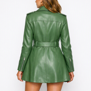 Chaqueta de Moto de Cuero PU Verde para Mujer, Manga Larga, Cierre de Cremallera, Cinturón, Cuello Abierto, Color Sólido, Ropa de Invierno - Product Image 3