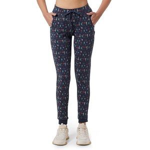 Pantalon de jogging pour femme bleu marine à motifs imprimés, taille élastique avec cordon de serrage, vente en gros Europe, streetwear décontracté - Product Image 1