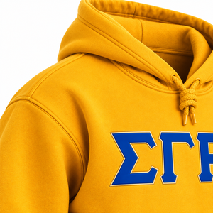 Sudadera con Capucha Amarilla Dorada Sigma Gamma Rho, Diseño de Letras Griegas Azules en el Pecho, Manga Larga, Bolsillo Tipo Canguro, Estilo Universitario - Product Image 6