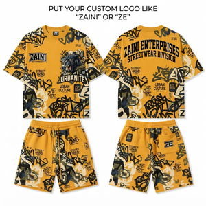 ZAINI Men's T-Shirt Shorts Set 280 GSM Interlock 100% Polyester Solid Pattern Embossed Front Logo <b>Yellow</b> Black Casual Summer - Product Image 1