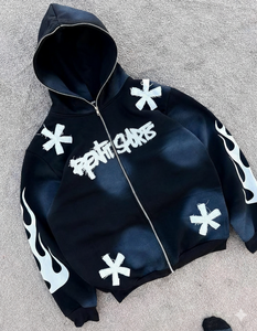 Unisex Streetwear Hooded <b>Zip</b>-<b>Up</b> Sweatshirt Black <b>White</b> Flame Print Oversized Fit French Terry Breathable Autumn Wear - Product Image 5