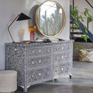 Table console Art Déco en os incrusté avec 5 tiroirs et armoires de rangement pour le salon - Product Image 1