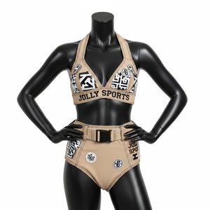 Conjunto de Bikini para Mujer, 180 GSM, Poliéster y Spandex Elástico, Beige Arena, Paneles Estampados, Cinturón con Hebilla, Logotipo Personalizado - Product Image 6