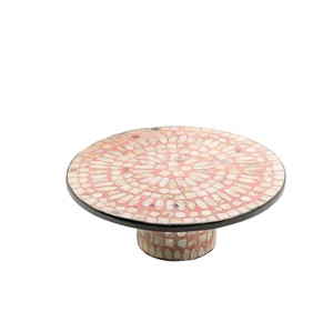 Support à gâteau moderne minimaliste en nacre, plateau rond en coquillages roses, service élégant pour le thé de l'après-midi - Product Image 1