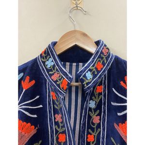 Hand Embroidered Knitted <b>Velvet</b> Cotton <b>Jacket</b> <b>Women</b> Mandarin Collar Full Sleeve Winter Autumn Floral Pattern Eco-Friendly - Product Image 2