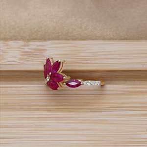 Bague florale en or jaune 14 carats avec rubis naturel et diamants pour femme |   Bijoux en pierres précieuses de coupe marquise, vente en gros, OEM, ODM - Product Image 3