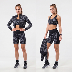 Printed Crop Yoga <b>Jacket</b> Shorts 3 Piece Set Spandex Polyester Quick Dry Racerback Bra <b>Women</b> Training Crop <b>Jacket</b> Shorts Yoga Set - Product Image 1