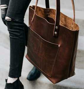 Sac fourre-tout en cuir véritable vintage de qualité supérieure, couleur unie, fermeture ouverte, usage quotidien, marron, sac à main pour femme - Product Image 2