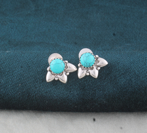 Pendientes de Plata 925 con Turquesa del Suroeste, Engaste de Bisel, Hechos a Mano, Piedra Azul, Hoja Floral, Estilo Vintage Nativo, para Compromiso - Product Image 5