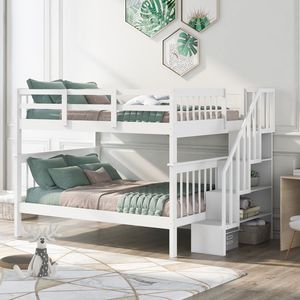 Letto a castello matrimoniale bianco con contenitore e sponda di protezione per camera da letto, dormitorio e residenze universitarie - Product Image 1