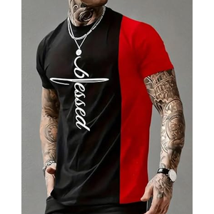 T-shirt pour homme à manches courtes, col rond, imprimé lettres color block, style décontracté estival, streetwear tendance - Product Image 1