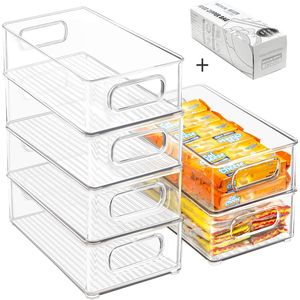 Lot de 6 bacs de rangement empilables transparents pour réfrigérateur avec poignées, 20 sacs en plastique, conteneurs de rangement pour cuisine - Product Image 1